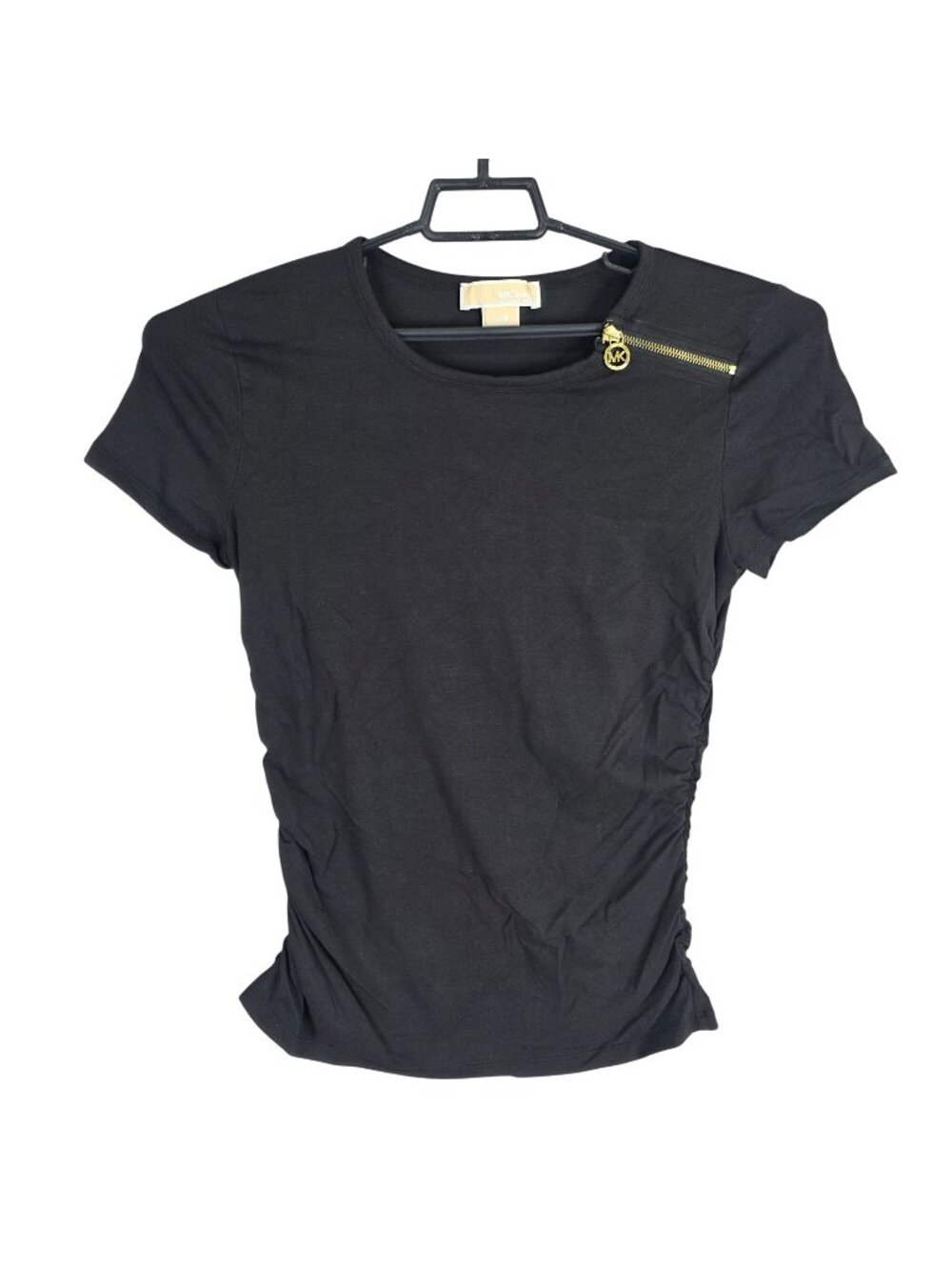 Womens Michael Kors Black Short Sleeve Top Gold Zipper Cotton Blend Stretch L